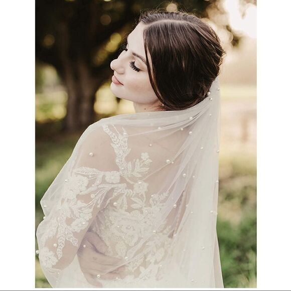 Pearl Wedding Bridal Veil with Comb-Cut Edge Long Chapel Length - Picture 1 of 8